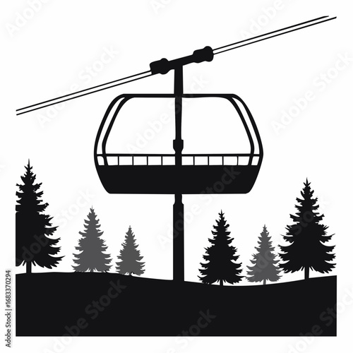 Chair lift silhouette. This image shows a vector clipart illustration design of a chair lift, also known as a ski lift or aerial lift, depicted in silhouette form. Vector clipart illustration design.