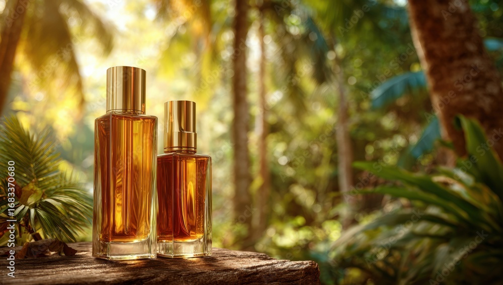 Fototapeta premium Amber perfume bottles in a tropical setting