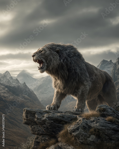 Side‑profile roar on rocky outcrop