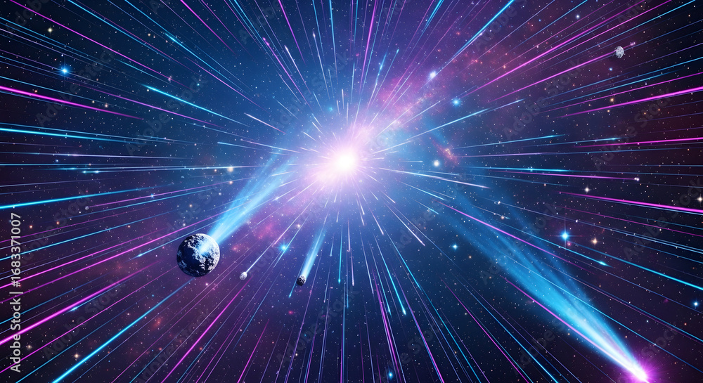 Naklejka premium Dynamic space scene with vibrant colors, nebulae, and planets for a futuristic, cosmic design