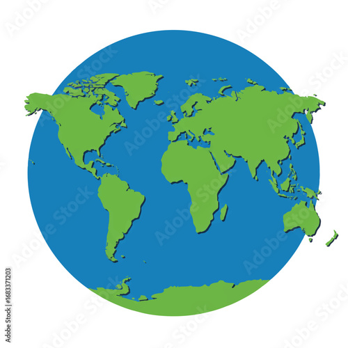 A minimalist 2D flat vector illustration of a simple world map, clearly showing solid green landmasses contrasting with solid blue oceans, isolated on a clean white background.