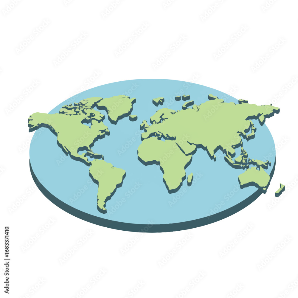 Fototapeta premium A top-down isometric simplified world map with chunky landmasses, presented as a 2D flat vector illustration, featuring minimalist clean lines and solid colors, isolated on a white background.
