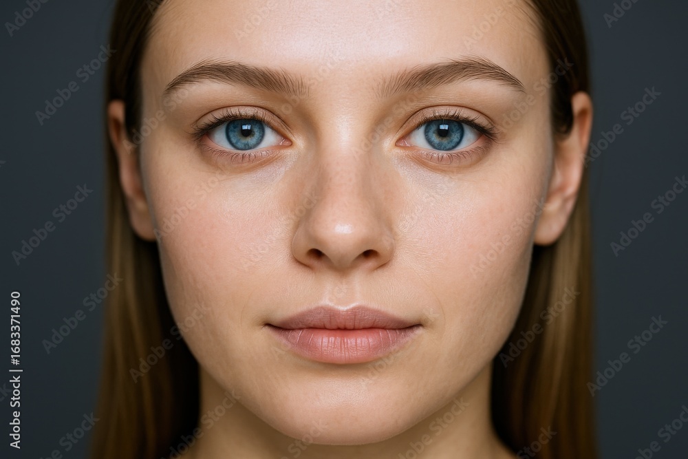 Fototapeta premium Close-up Portrait of a Young Woman with Clear Skin and Striking Blue Eyes Against Gray Backdrop