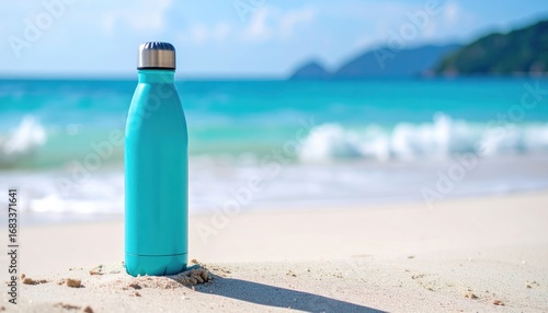 Bottle water beach blue insulated summer travel hydration tropical design offers sustainable, reusable drink ware perfect for ocean vacations, keeping drinks clean and cool by the sand.