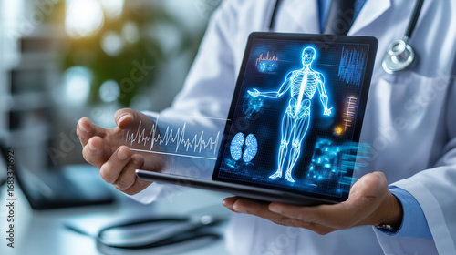 AI generator images of Medical Hologram: Doctors carefully analyze brain scans displayed on a computer screen. Doctors use AI computer tools to diagnose a patient's illness Healthcare Technology, Med