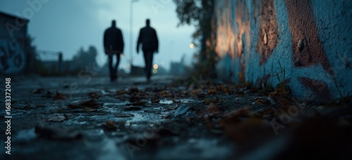 Two figures walk a wet alleyway at dusk