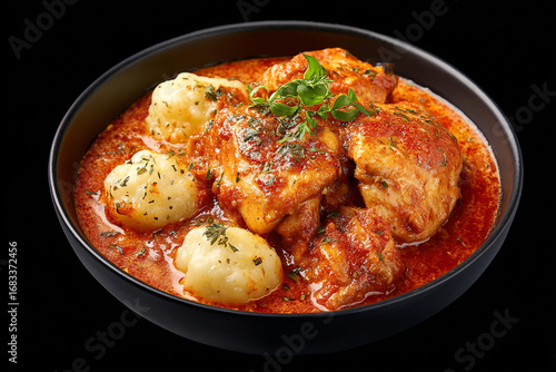 Chicken stew with dumplings in a black bowl on a dark background