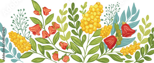 Red bell flowers yellow berries green leaves floral border red flowers
