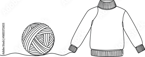 Cozy knitted sweater connected to a ball of yarn by a single thread