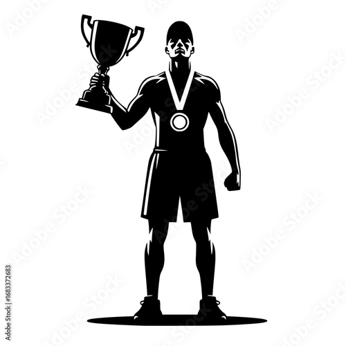 A Sportman displaying his winning Trophy and medal vector image illustration