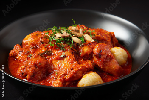 Delicious chicken masala with herbs and spices served on a black plate