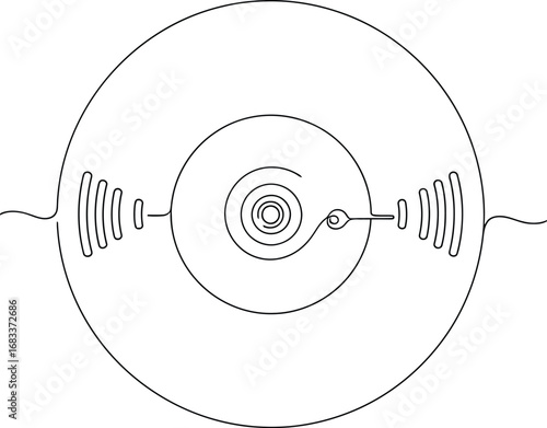 Abstract single line drawing of a vinyl record with sound waves emanating