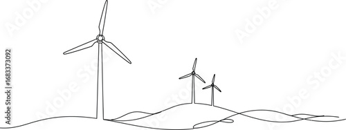 Clean energy wind turbines generating power on a rolling landscape