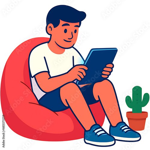 A young boy sits comfortably in a beanbag chair, engrossed in using a digital tablet for e-learning or entertainment