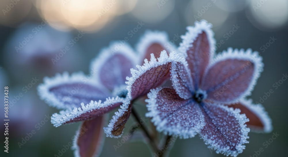 custom made wallpaper toronto digitalDelicate frost-covered blossoms, showcasing intricate ice patterns on purple leaves, evoke a serene winter morning.