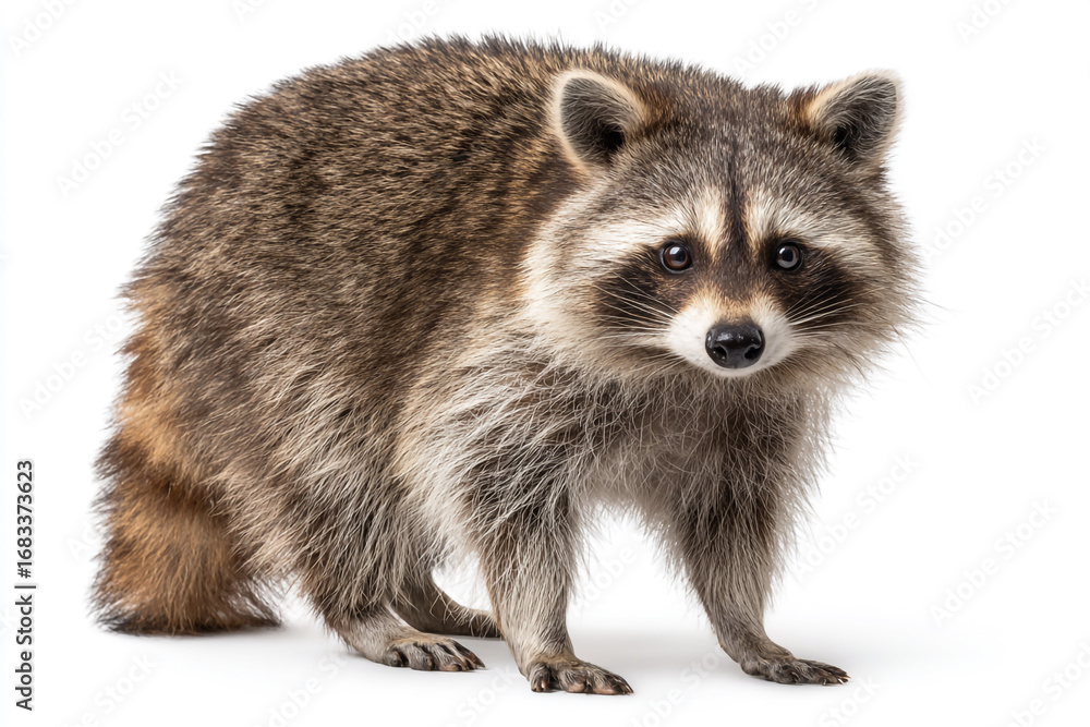 Fototapeta premium Raccoon standing isolated on white background looking at the camera