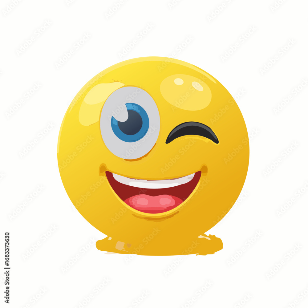 Fototapeta premium Gelber Smiley mit zwinkerndem Auge, Vektordesign, Symbol für Humor, Scherz und Flirten.