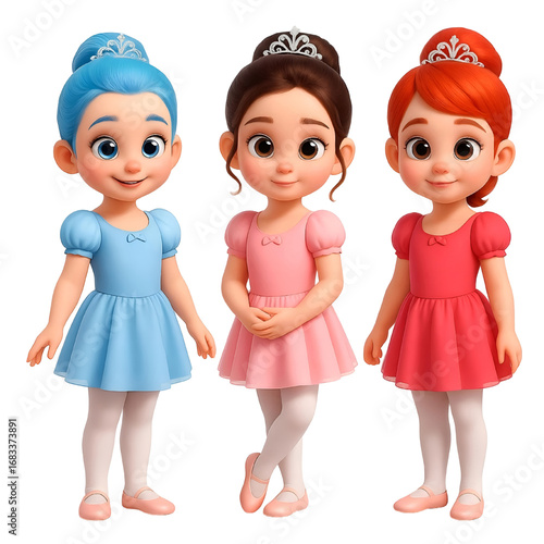 Three adorable ballet dancers in colorful tutus posing at a dance studio during a practice session