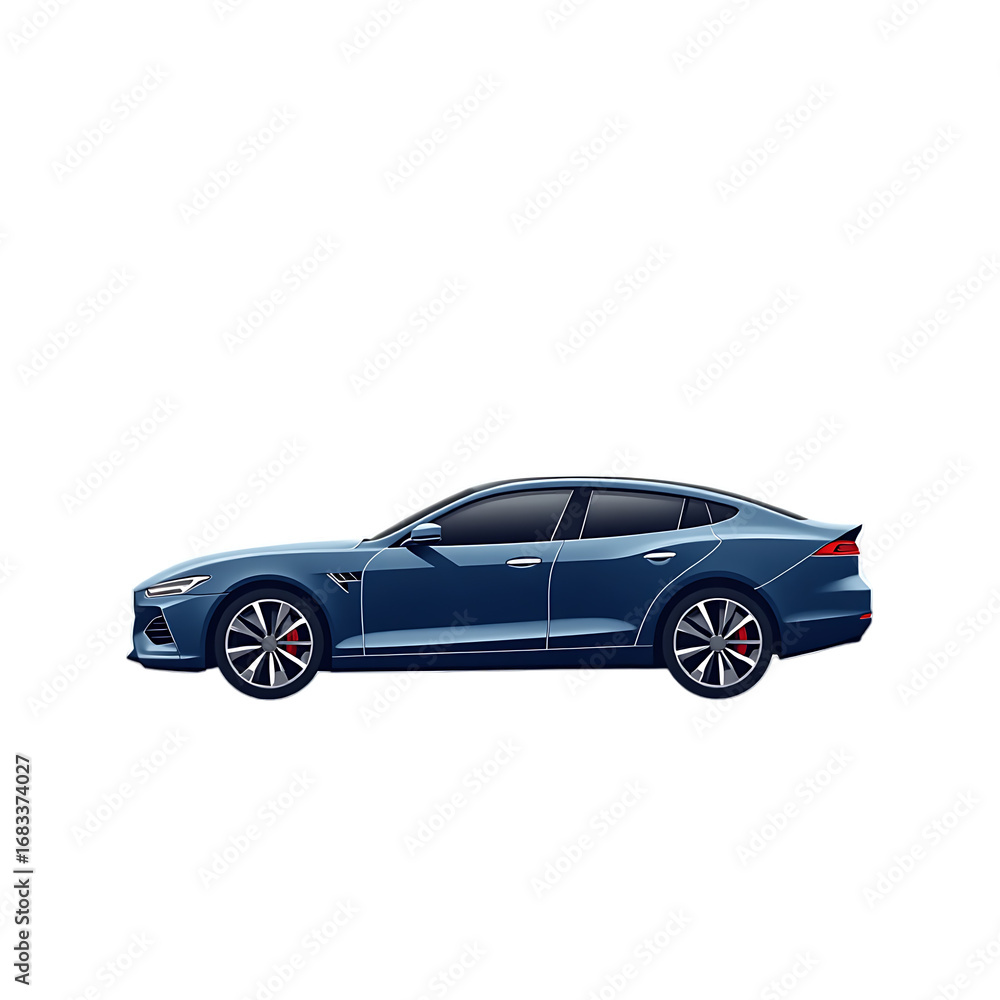 Obraz premium Sleek dark blue sedan car profile view isolated on transparent background for automotive design
