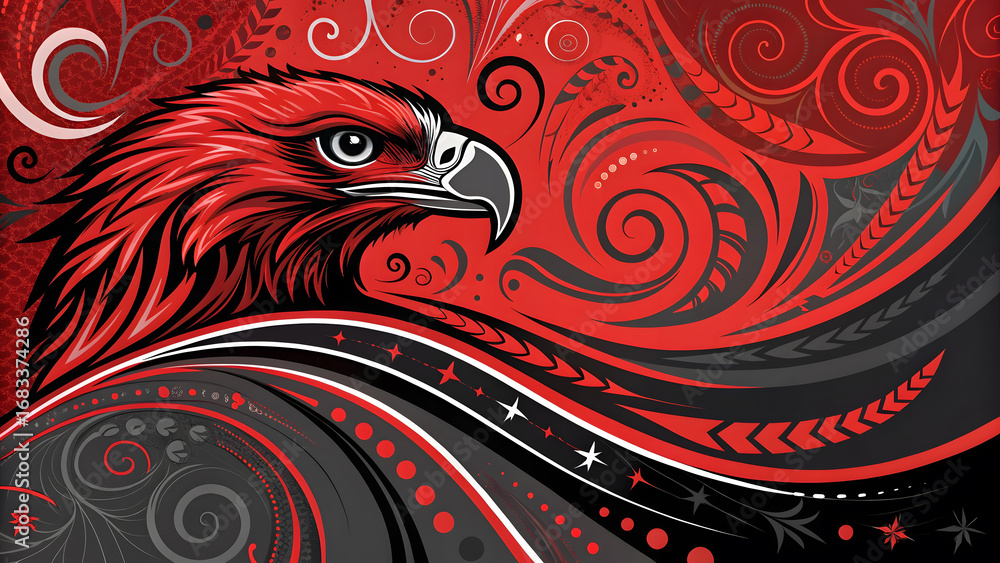 Fototapeta premium Stylized red eagle head with intricate black and red swirling patterns, a powerful graphic design illustration.