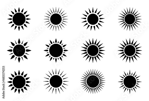 Collection of twelve black sun icons with varying ray designs