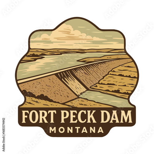 Vintage Fort Peck Dam SVG, USA Dam Retro, Montana reserve, vintage USA landscapes