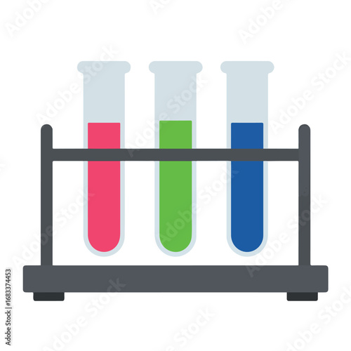 Three test tubes with colored liquids are in a dark gray rack