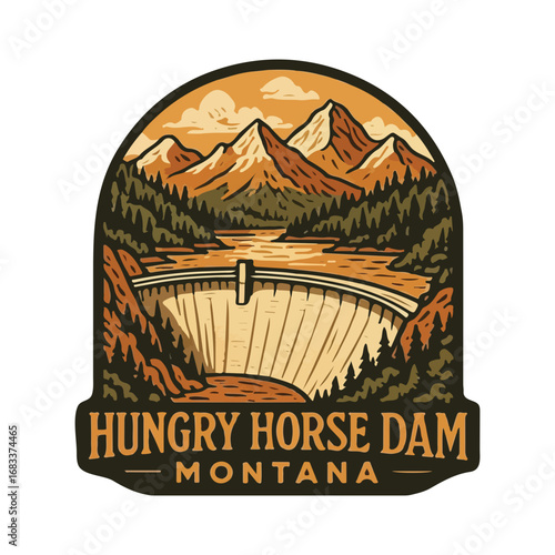 Vintage Hungry Horse Dam SVG, USA Dam Retro, Montana reserve, vintage USA landscapes