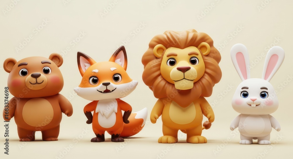 Naklejka premium Four adorable cartoon animals, a bear, fox, lion, and rabbit, stand in a row against a soft beige background.