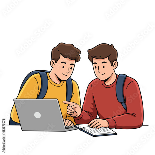 Two cartoon men wearing backpacks study a laptop and book both brownhaired