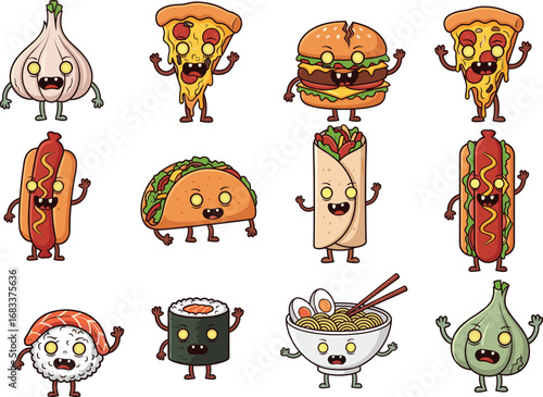 Cartoon zombie fast food characters, funny undead snacks illustration, pizza, burger, sushi, taco, ramen, hotdog, garlic, horror concept