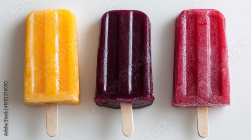 Three colorful fruit popsicles on sticks isolated on white background