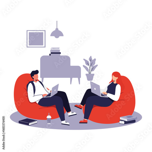 Two people sit in beanbags working on laptops A piano plant and lamp are in the background