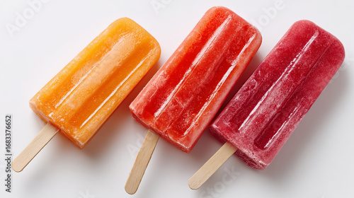 Three colorful popsicles isolated on white background, a refreshing summer treat
