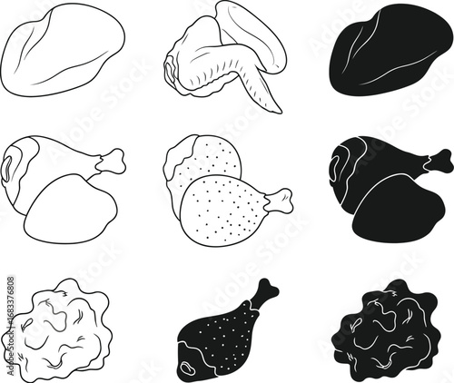 Collection of stylized raw chicken cuts, showcasing diverse preparation options