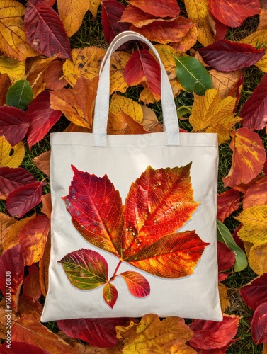 Tote bag with vibrant autumn leaves and dew drops