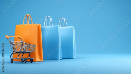 Shopping bags and cart on a blue background