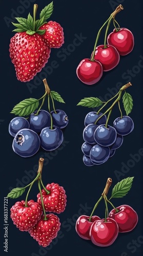Vibrant Fruit Medley: Artistic Illustration of Strawberries, Cherries, and Blueberries.