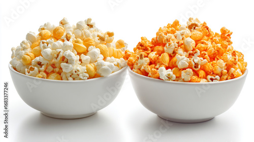 Two bowls of popcorn, one cheese flavored and one caramel flavored