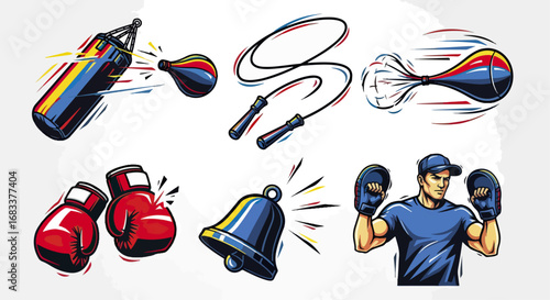 Boxing equipment illustration with fighter