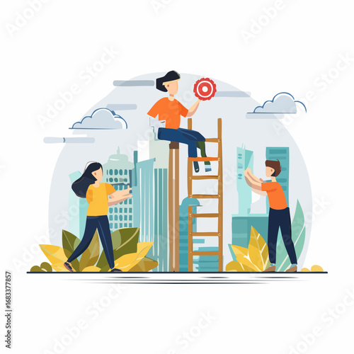 Teamwork and collaboration concept with people working together to reach a goal.