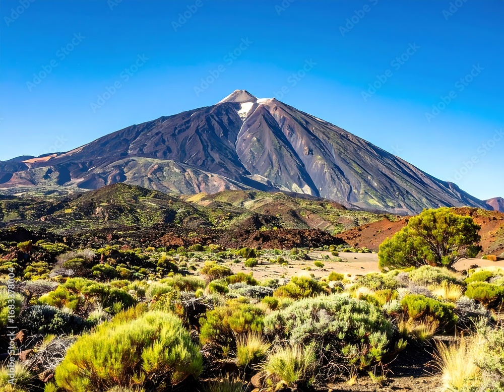 Fototapeta premium A vast, snow-capped volcano dominates the landscape, surrounded by vibrant volcanic terrain and lush vegetation.