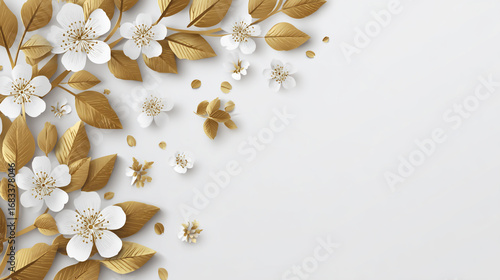 Golden leaves and white flower arrangement isolated on white background