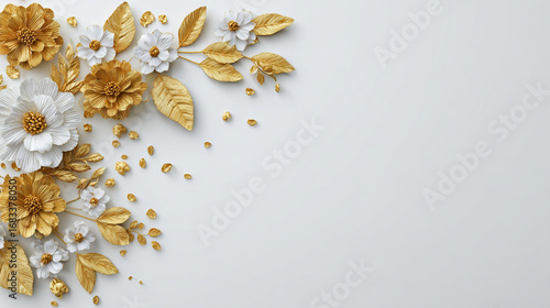 Golden and white flowers and leaves isolated on white background