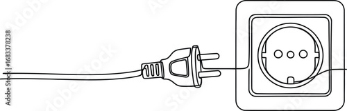 Simple line drawing of an electrical plug about to be inserted into a wall socket