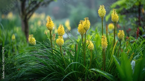 Yellow flowers in garden rain