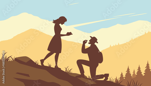 A man proposing to a woman on a mountain top at sunrise, golden sunlight, dreamy cinematic photography."