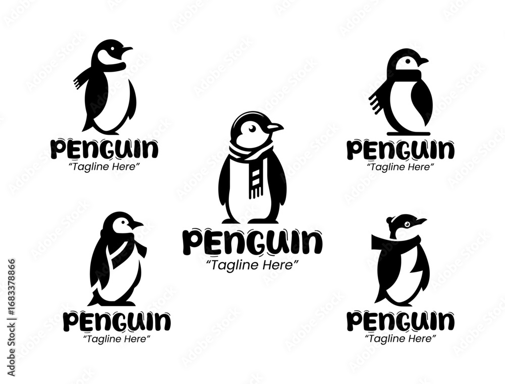 Obraz premium 5 Penguin with Scarf Logo Set Cute Winter Branding Collection