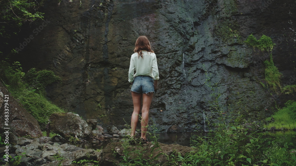 Naklejka premium Tourist is standing on a rock, admiring a waterfall flowing on a volcanic rock wall. The lush vegetation surrounding the area creates a sense of tranquility and adventure