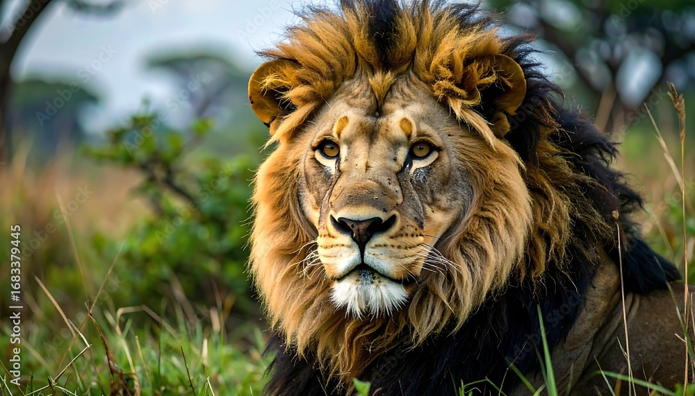 Fototapeta premium Majestic lion, with a thick mane of gold and brown, gazes intently into the camera, amidst a backdrop of lush green grass and trees.
